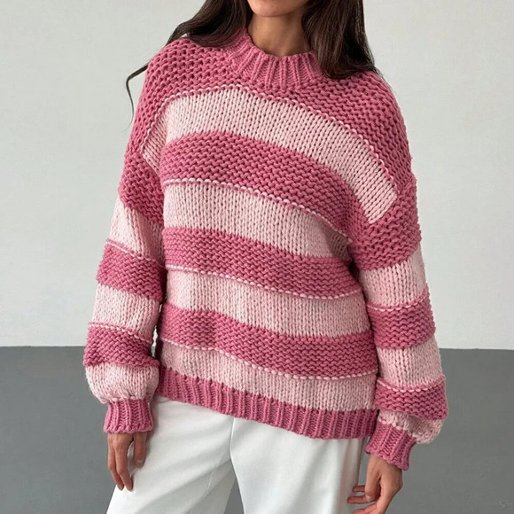 Pink Casual Women's Chunky Knit Contrast Color Lovely Crew Neck Warm Sweater - Picture 7 of 7